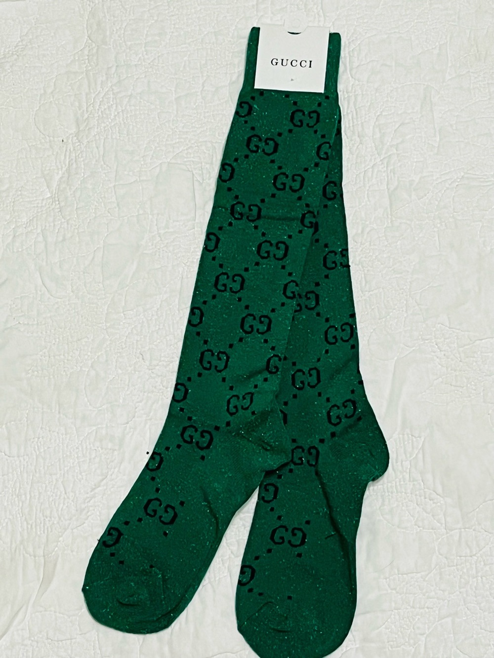 GUCCI. Green Black Metallic Sparkle Knee High Letter Logo Socks